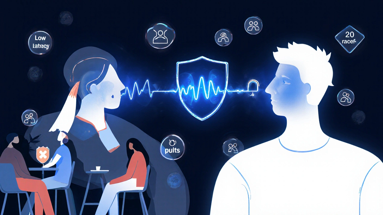 Абстрактное соединение двух людей через зашифрованный видеопоток с фильтрацией шума.