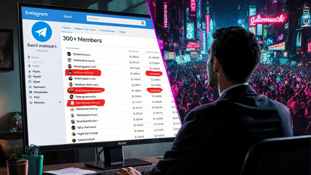 Администратор смотрит на список участников группы, где множество подозрительных аккаунтов выделены красным.