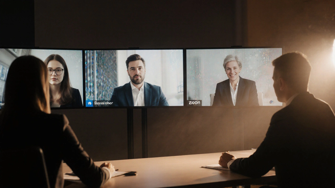 Бизнес-встреча через Zoom, четкие лица участников на экранах, теплый свет, профессиональная атмосфера.