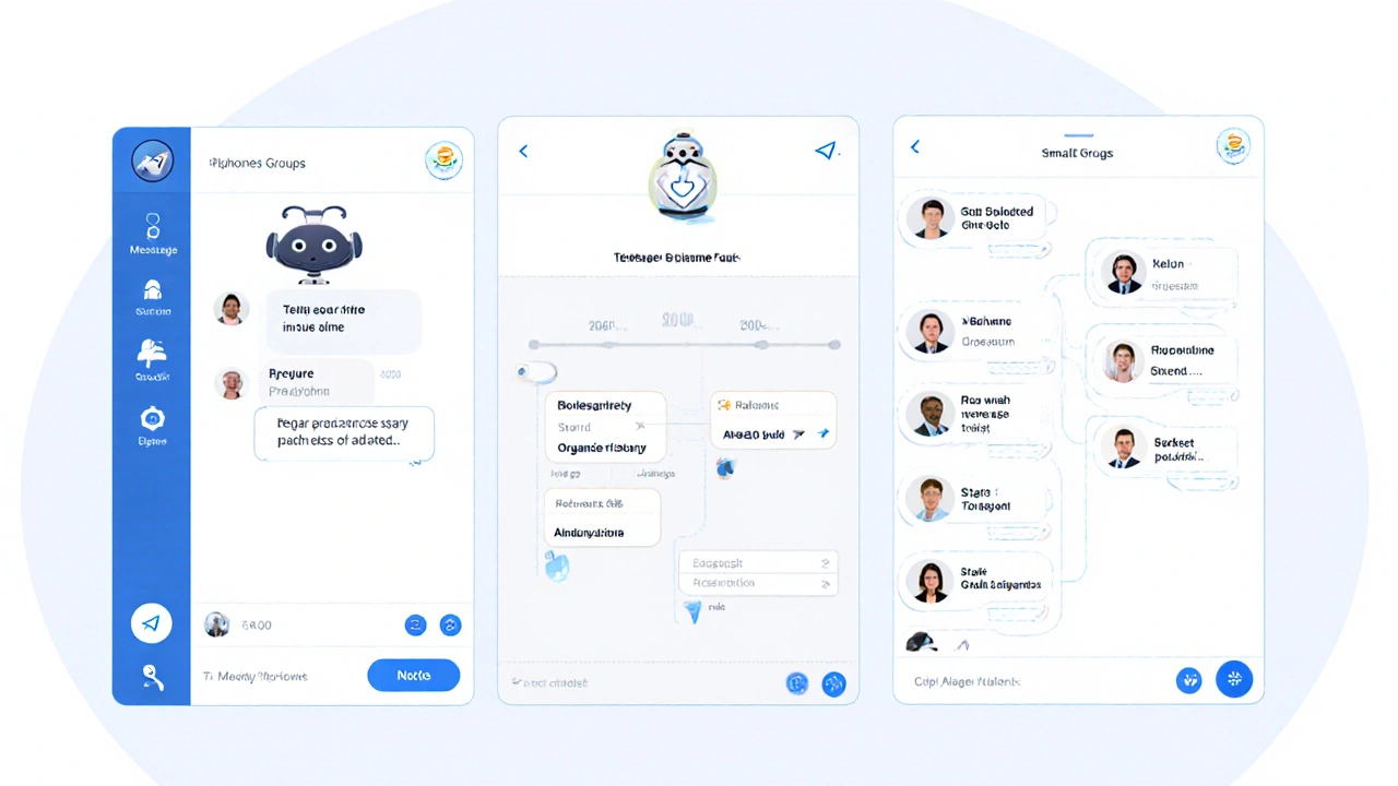 Бизнесмен управляет каналами и чат-ботом в Telegram, видна история переписки и несколько организованных групп.