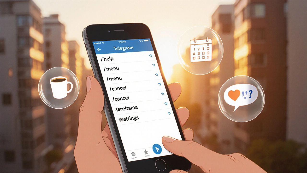 Человек использует команды бота в Telegram: /help, /menu, /cancel с визуальными символами функций.