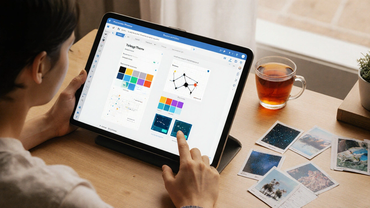 Человек создаёт пользовательскую тему Telegram на планшете с открытым шаблоном и анимацией.