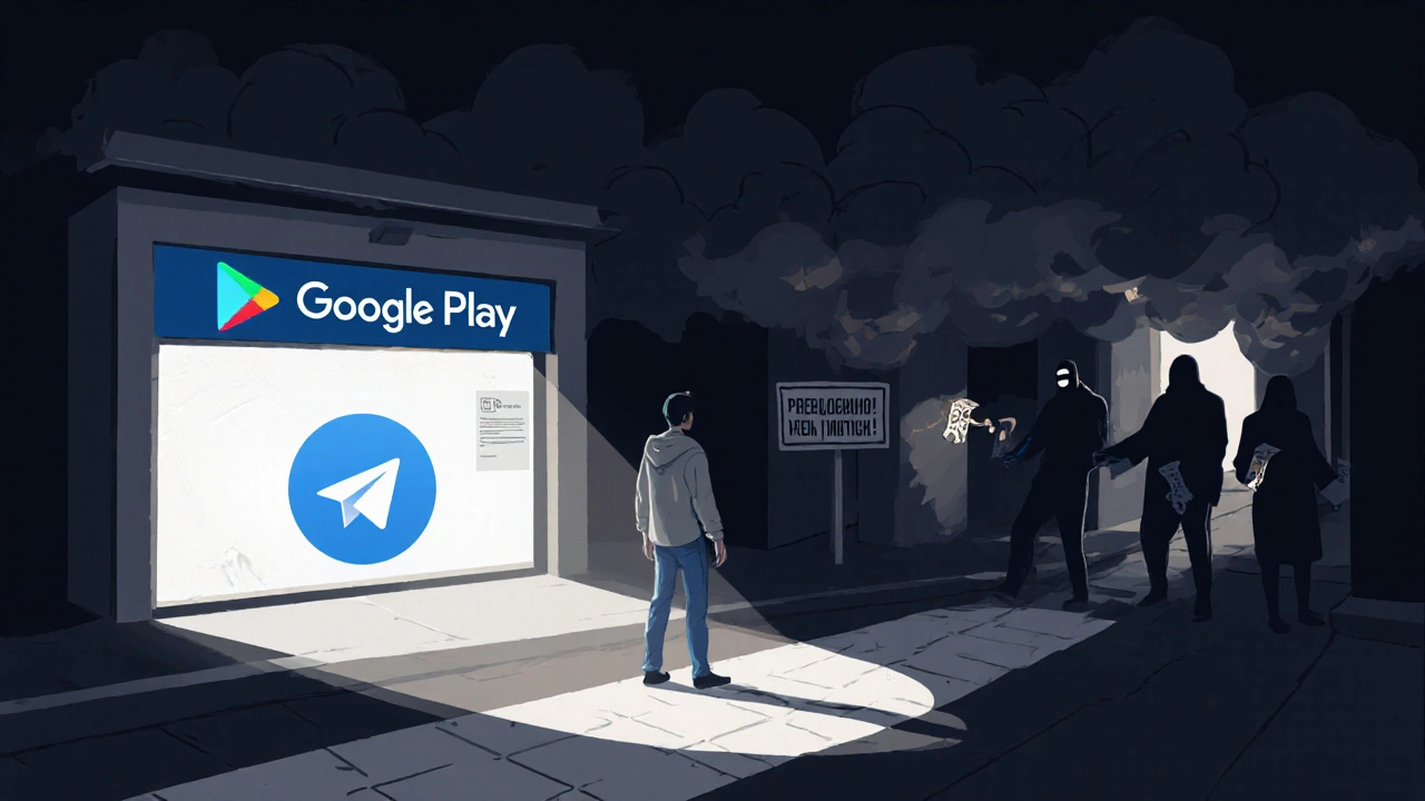 Человек стоит на перекрестке: один путь — к официальному магазину приложений, другой — в темный переулок с обещаниями бесплатных модов.