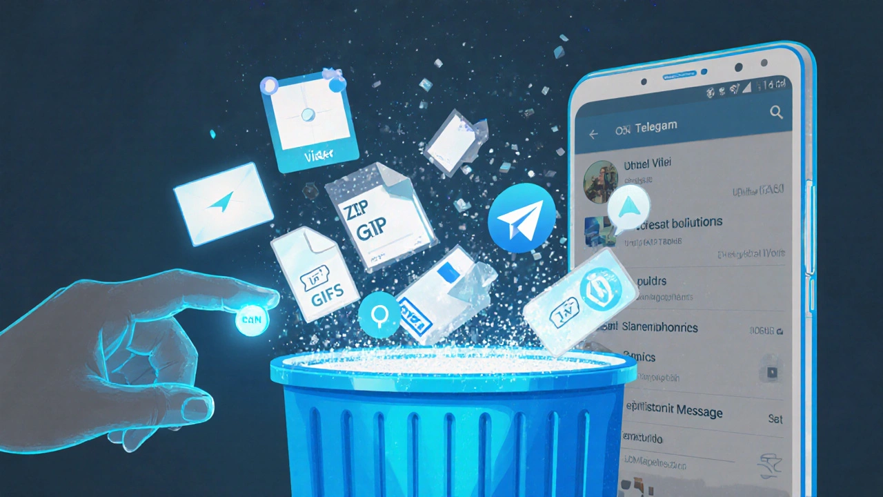 Цифровой мусор в виде файлов и медиа, исчезающий в пыли, с рукой, нажимающей на кнопку удаления.