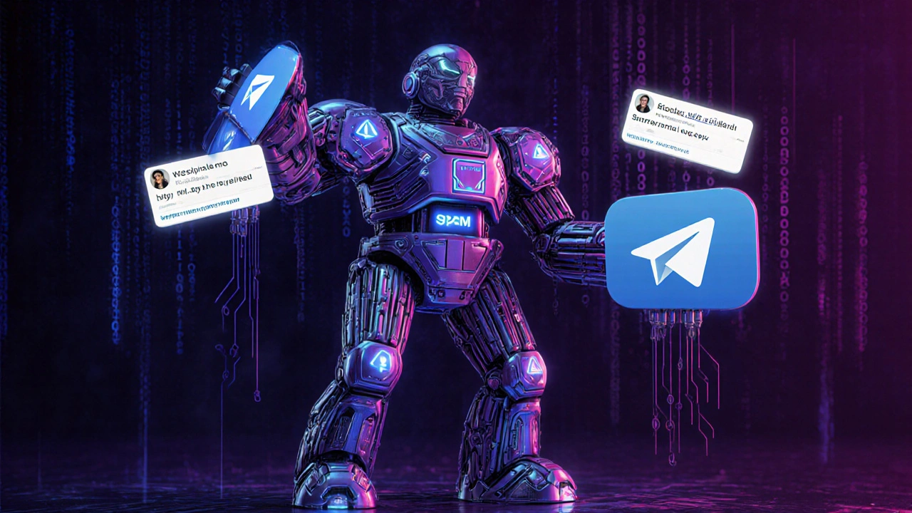 Цифровой страж из схем и кода блокирует спам-ссылки .ru и .xyz, защищая чат от ботов.