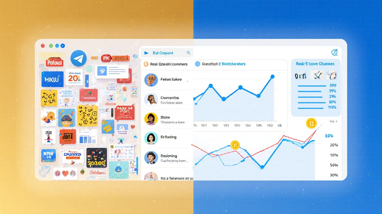Два канала Telegram: один с фейковыми подписчиками и эмодзи, другой — с реальными комментариями и ростом конверсий.