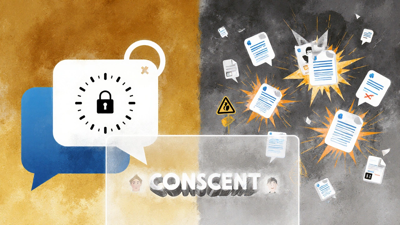 Два мира: безопасный секретный чат слева и хаотичный публичный канал справа, разделенные этической границей.