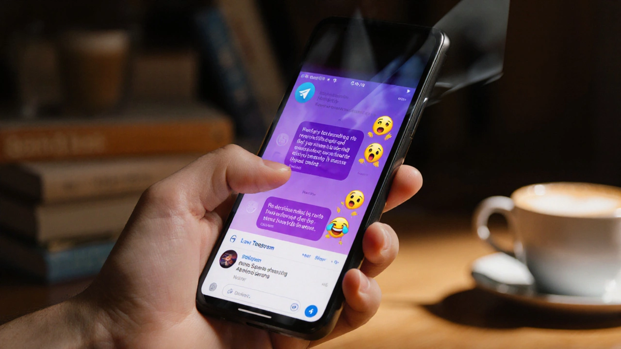 Экран телефона с темной темой Telegram, анимированными эмодзи и отсутствием рекламы в каналах.