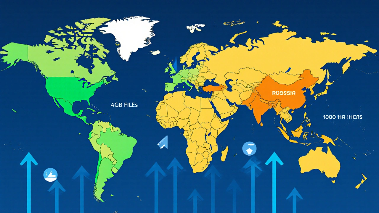 Глобальная карта с цветовыми зонами цен Telegram Premium и иконками преимуществ, показывающими равный доступ во всех странах.