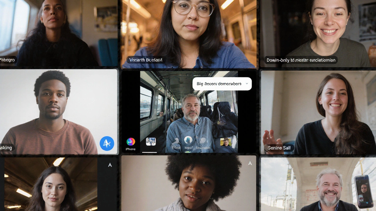 Группа людей на разных устройствах участвует в стабильном видеозвонке с разными эффектами фона.