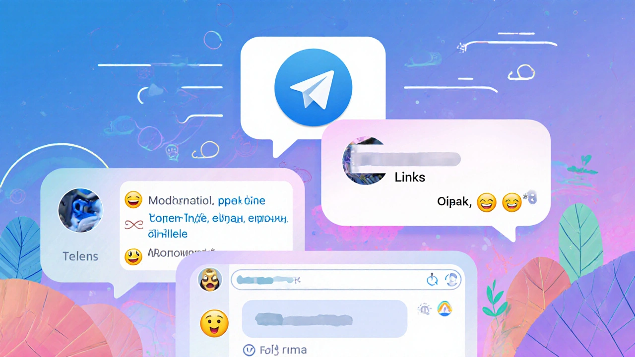 Интерфейс Telegram-группы с ботом, автоматически удаляющим спам, эмодзи и запрещенные слова в чате.