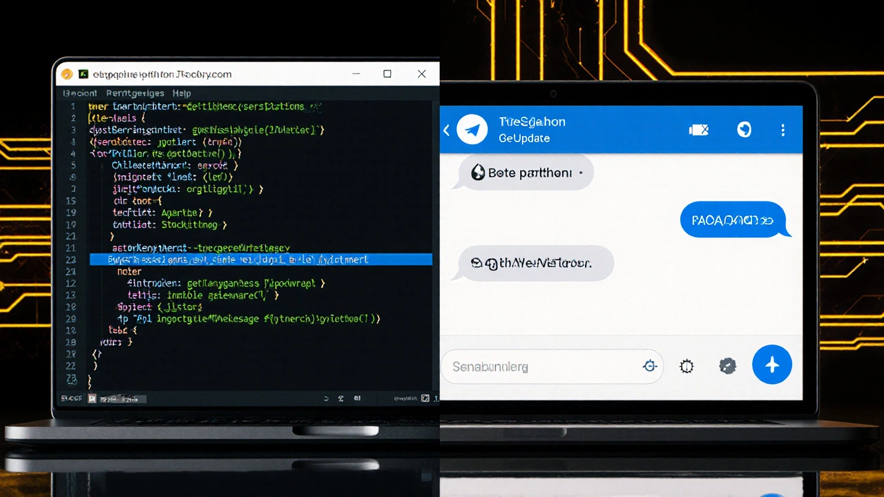 Код на Python на экране ноутбука, соединённый с чатом бота в Telegram.