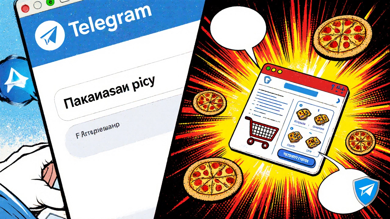 Комикс-стиль: пользователь заказывает еду через веб-интерфейс в Telegram с анимацией корзины и кнопкой оплаты.