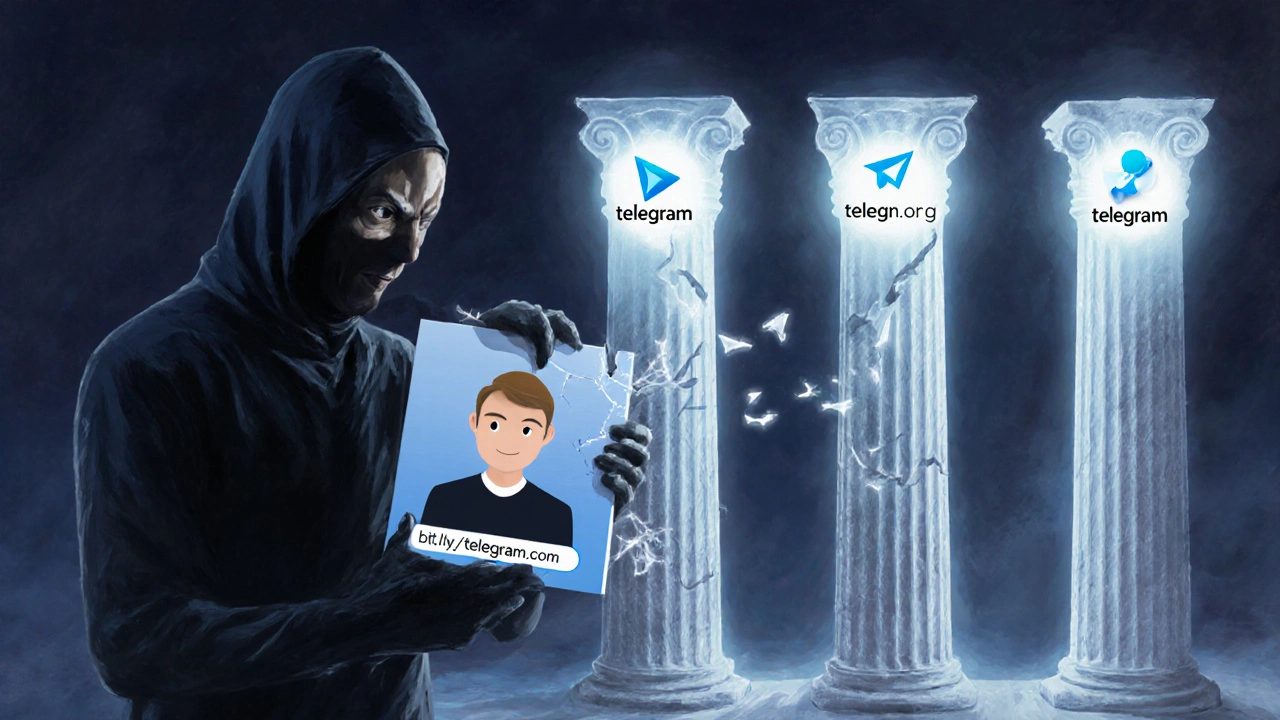 Крадущийся мошенник с фишинговой ссылкой, а три официальных домена Telegram светятся как защитные столпы.