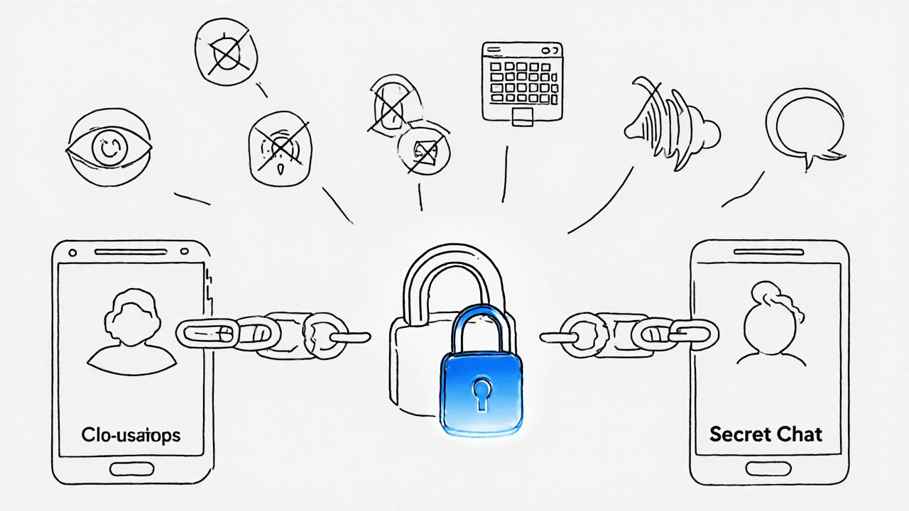 Минималистичная схема: цепочка замков, где только секретный чат остается целым, остальные связи сломаны.