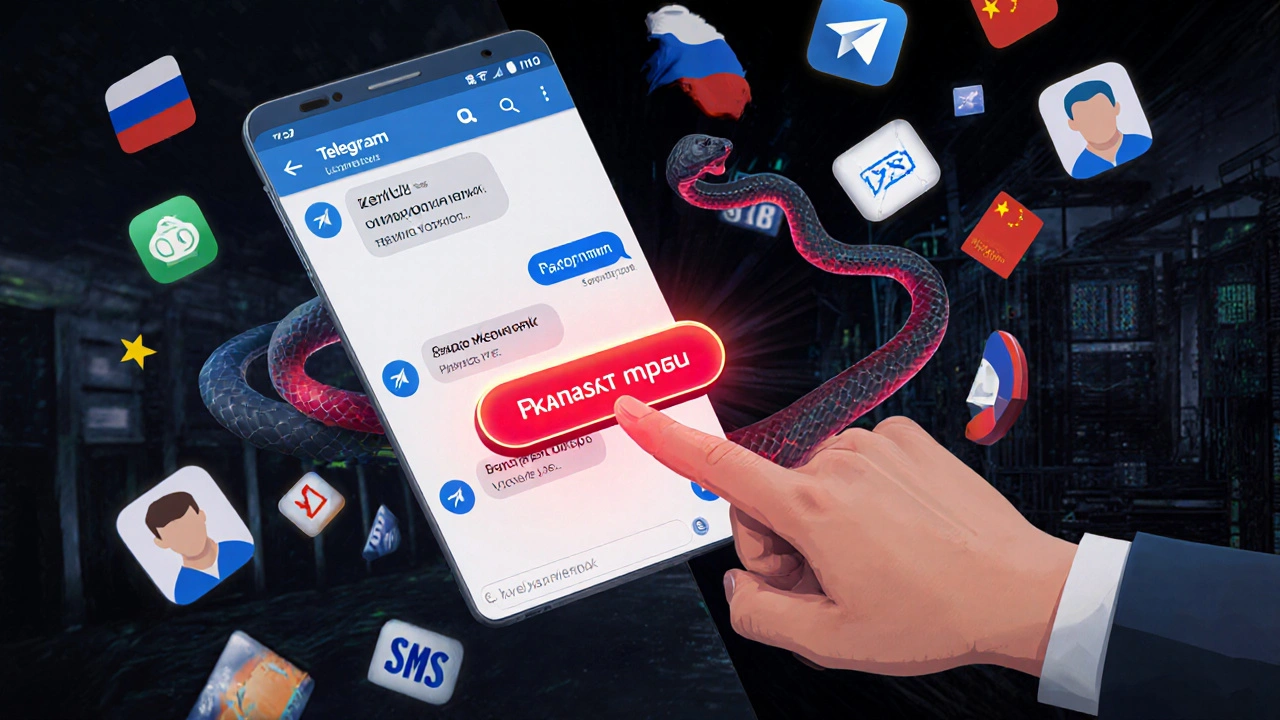 Пользователь нажимает на вредоносную ссылку в Telegram, из которой выходит змея, а вокруг летят украшенные данные.