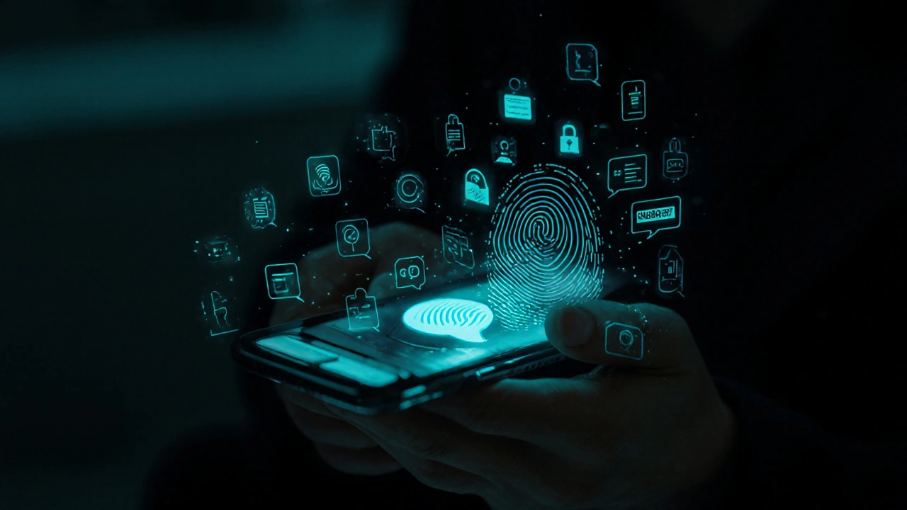 Пользователь разблокирует скрытый чат в Telegram через биометрию, видна вторая цифровая оболочка с шифрованными символами.