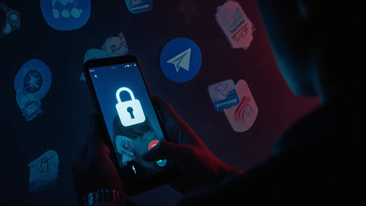 Пользователь записывает видеоозвонок в Telegram с меткой шифрования, на фоне каналов с метками проверки.