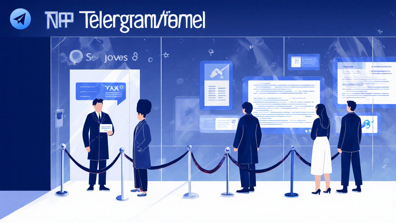 Приватный Telegram-канал: один подписчик входит по приглашению, другие снаружи.