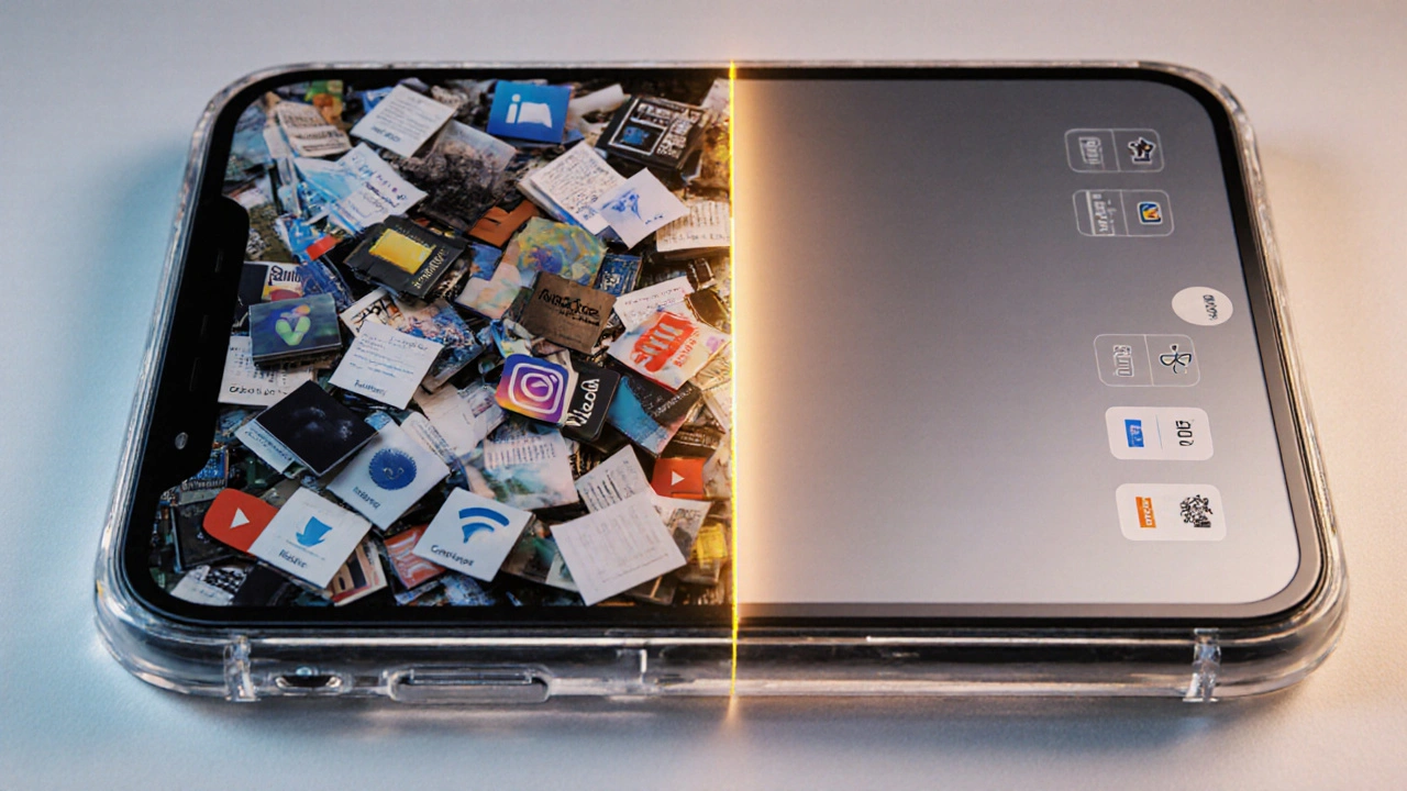 Прозрачный смартфон: одна половина заполнена медиафайлами, другая — чистая, с выделенными сохранёнными файлами.