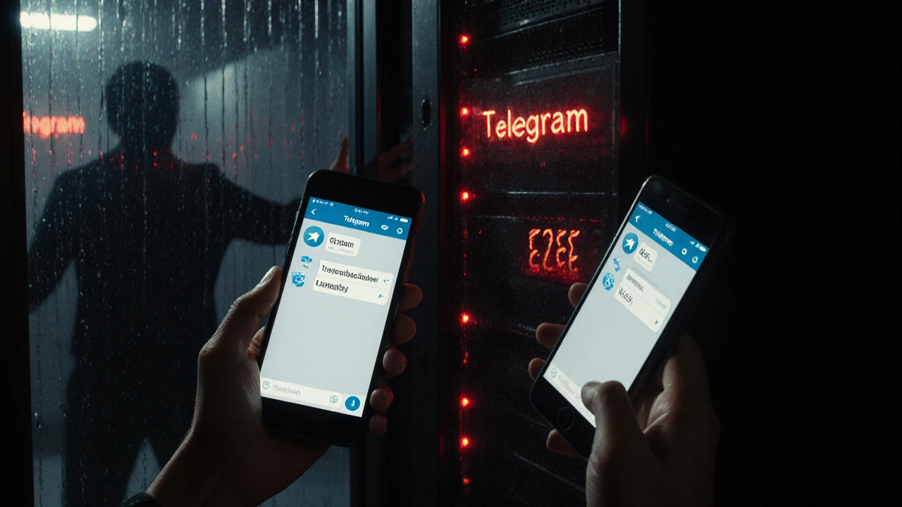 Рука держит телефон с кодом проверки секретного чата, за спиной — серверы Telegram, частично закрытые щитом.