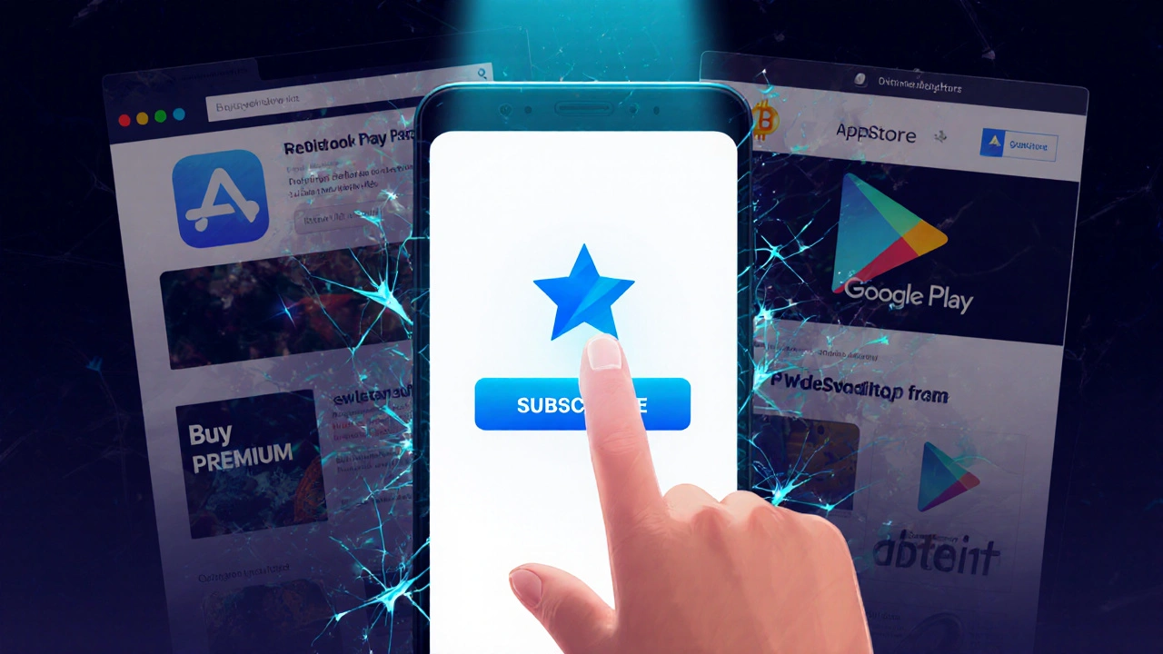 Рука нажимает кнопку подписки на телефоне, синяя звезда Premium появляется, а мошеннические сайты разрушаются в тени.