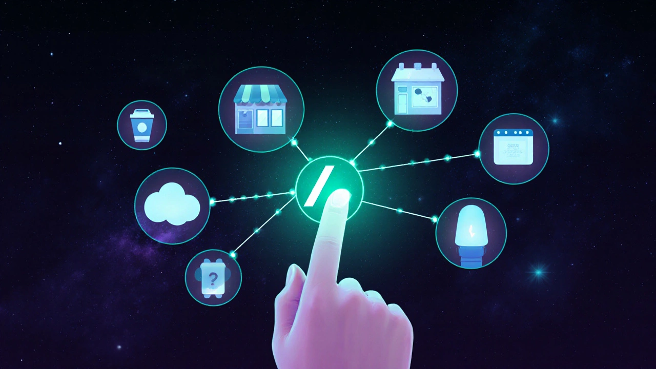 Рука нажимает на символ /, создавая световой мост к иконкам ботов: кофе, погода, викторина.