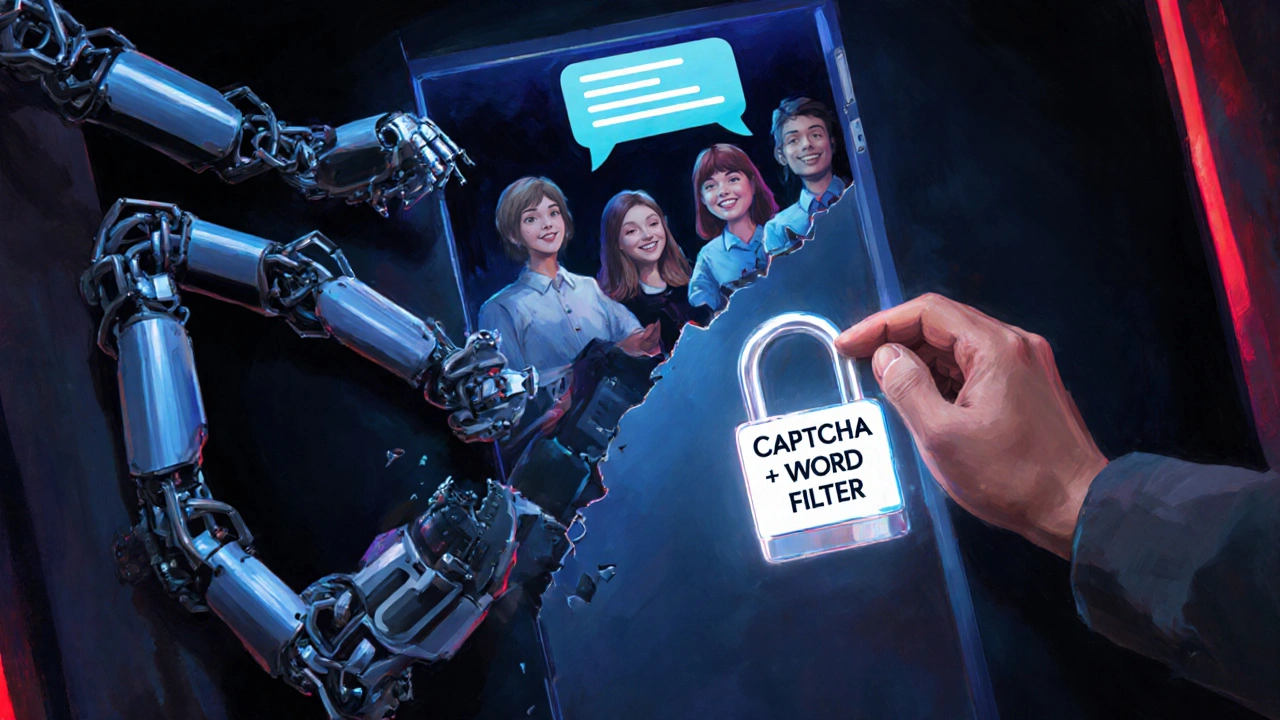 Рукава ботов шлют спам, но человек устанавливает замок с капчей и фильтром на вход в группу.