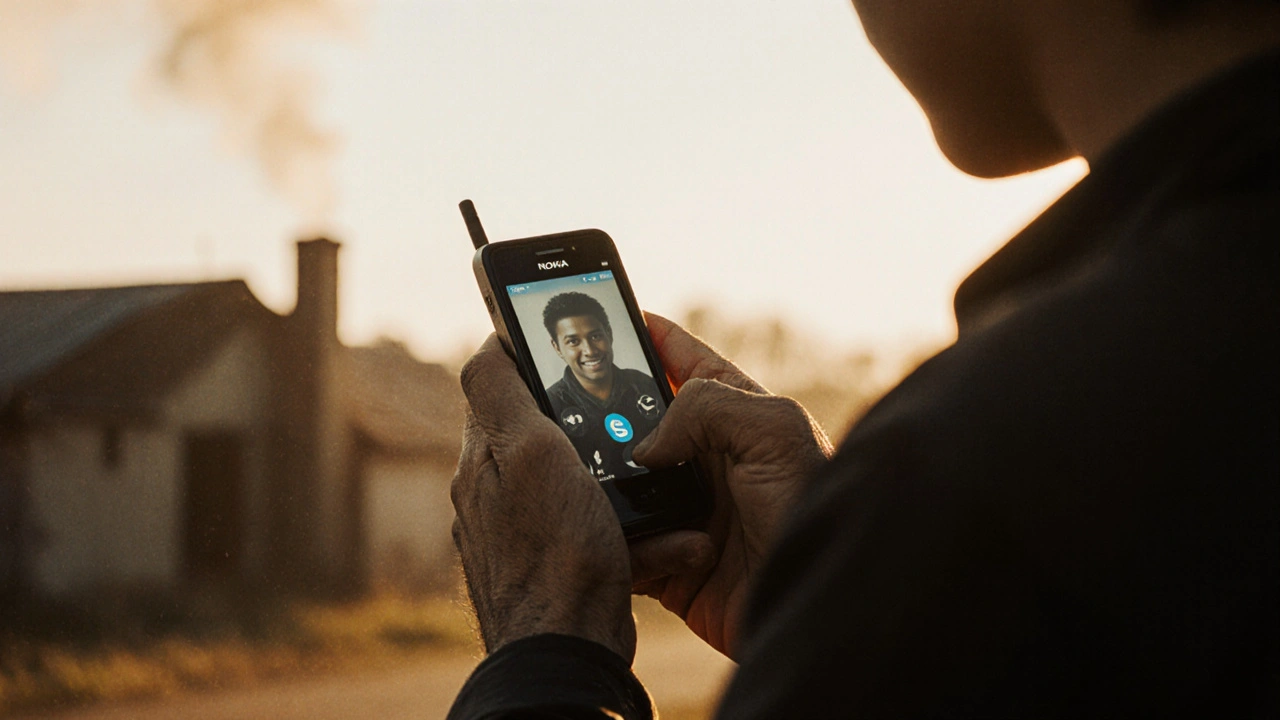 Сельский житель звонит по Skype на старом телефоне, вечерний свет, туманная картинка на экране, атмосфера устойчивости.