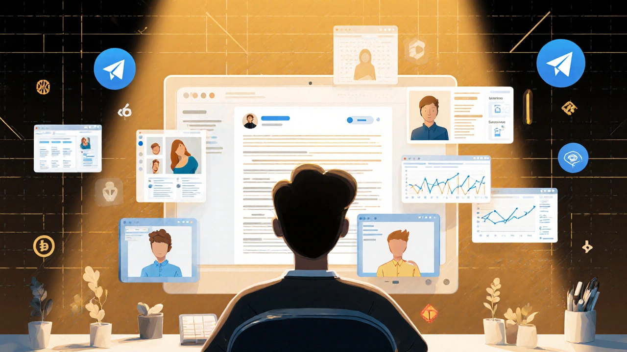 Создатель контента совместно редактирует пост в канале Telegram с другими авторами, вокруг — элементы аналитики и товаров.