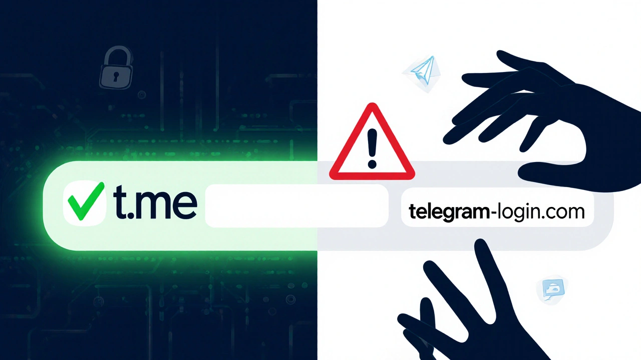 Сравнение официального домена t.me и фишингового telegram-login.com с зелёной галочкой и красным предупреждением.