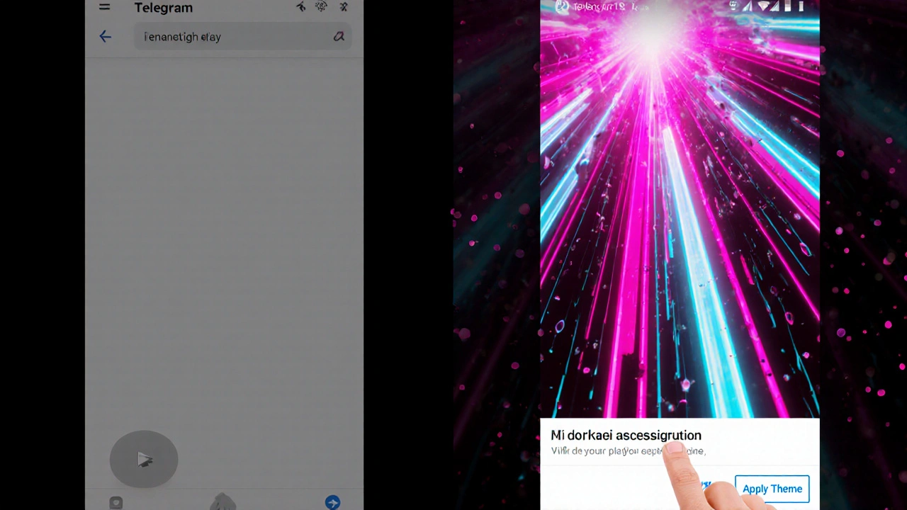 Сравнение стандартного интерфейса Telegram и яркой неоновой темы с анимацией дождя.