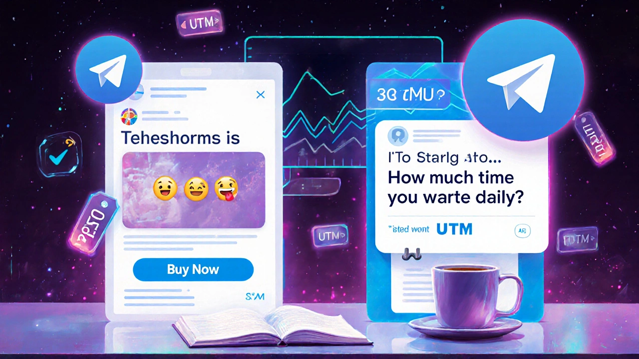 Тестирование двух рекламных постов в Telegram: один с призывом &#039;Купи сейчас&#039;, другой — с вопросом и отзывом.