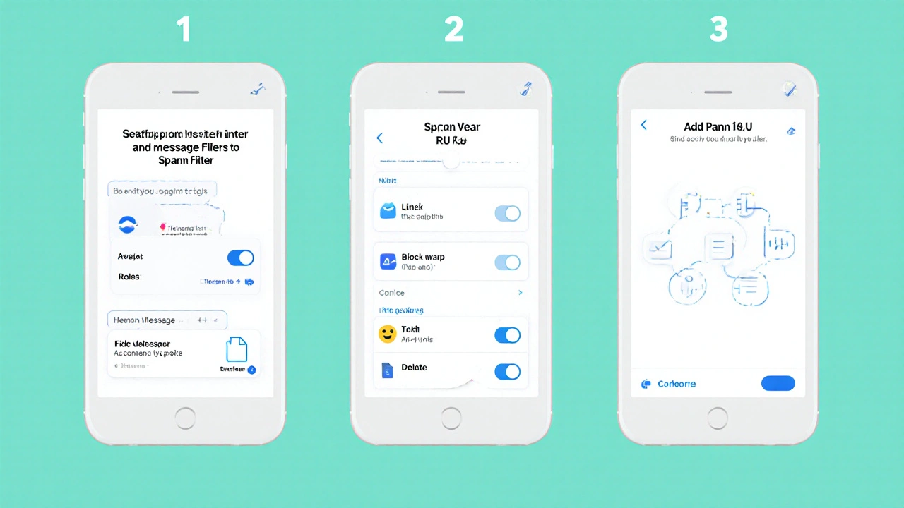 Три шага настройки фильтров в Telegram: включение, добавление правила и смена режима удаления.