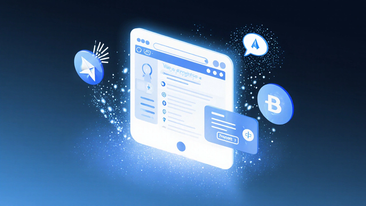 Веб-интерфейс бота в Telegram, где данные пользователя и элементы интерфейса сливаются в световом потоке.