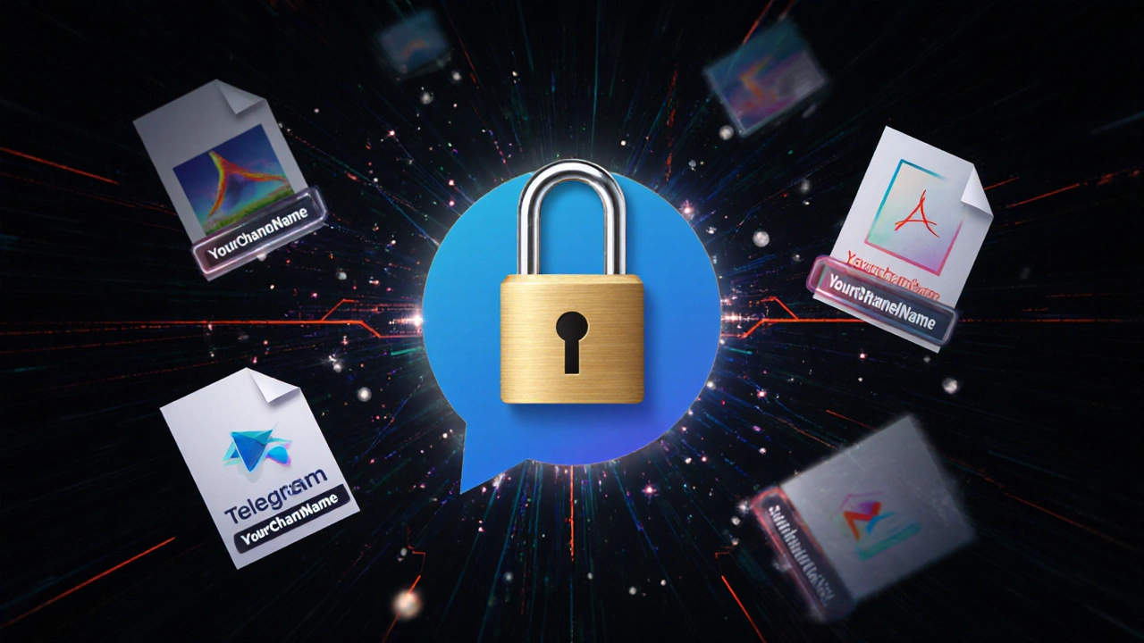 Золотой ключ в замке Telegram-канала, вокруг — защищённые файлы с водяными знаками.