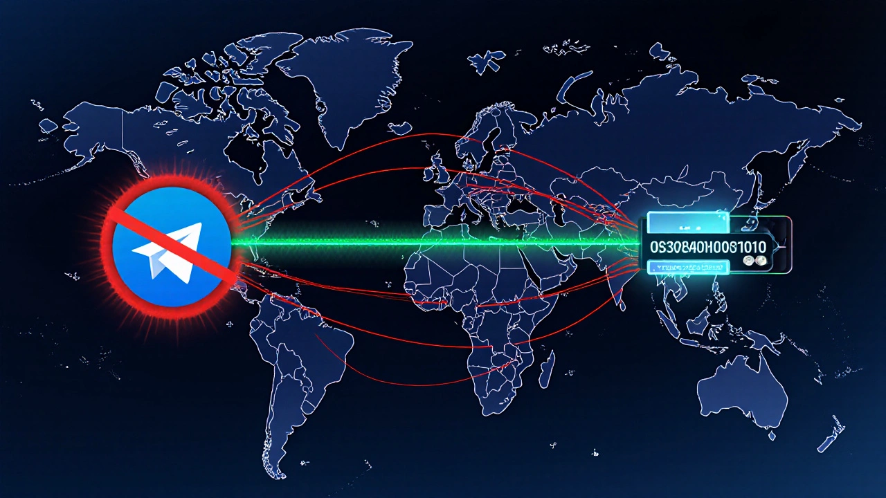 Абстрактная схема сети с красными блокировками и зелёным MTProto-каналом, обходящим фильтры.