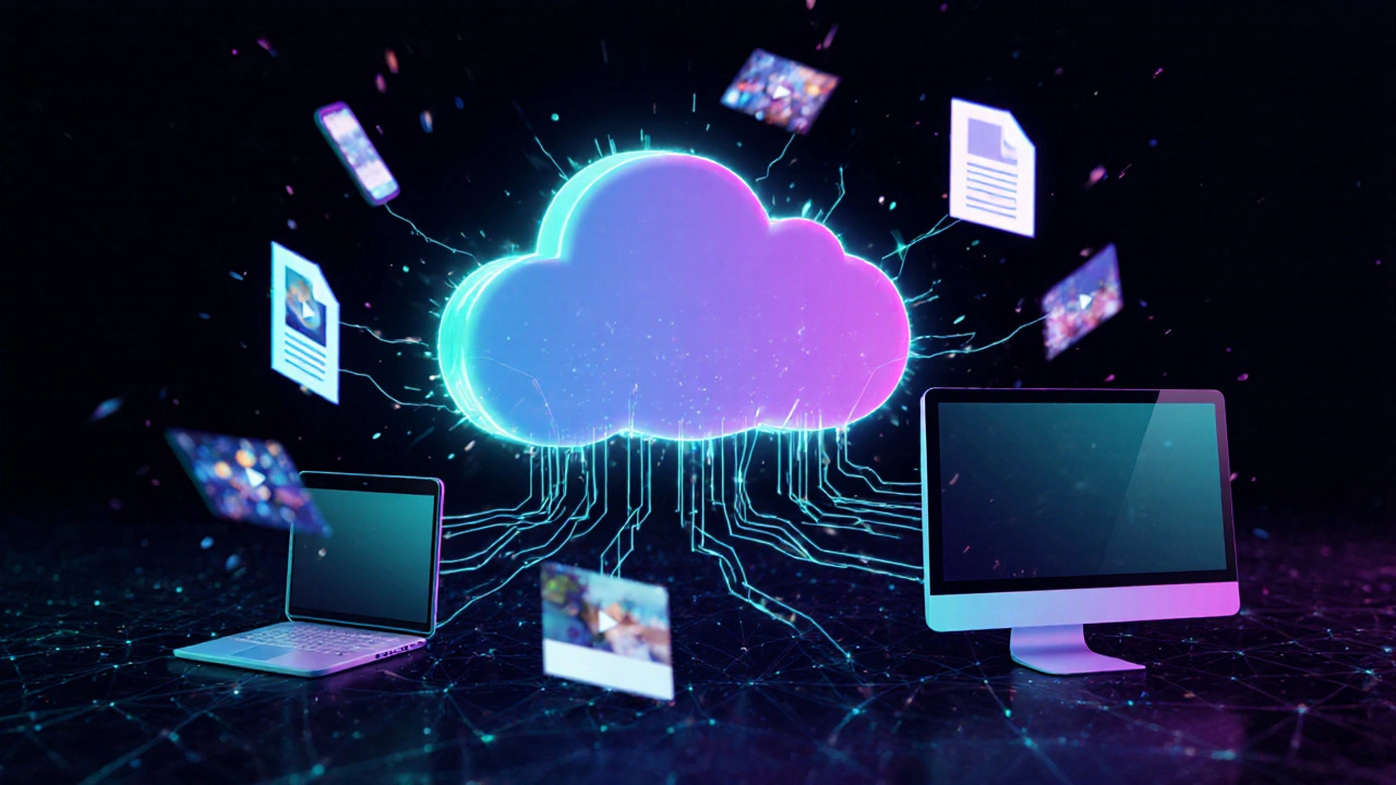 Абстрактное облако, соединяющее устройства потоками данных, символизирующее синхронизацию медиа в Telegram.