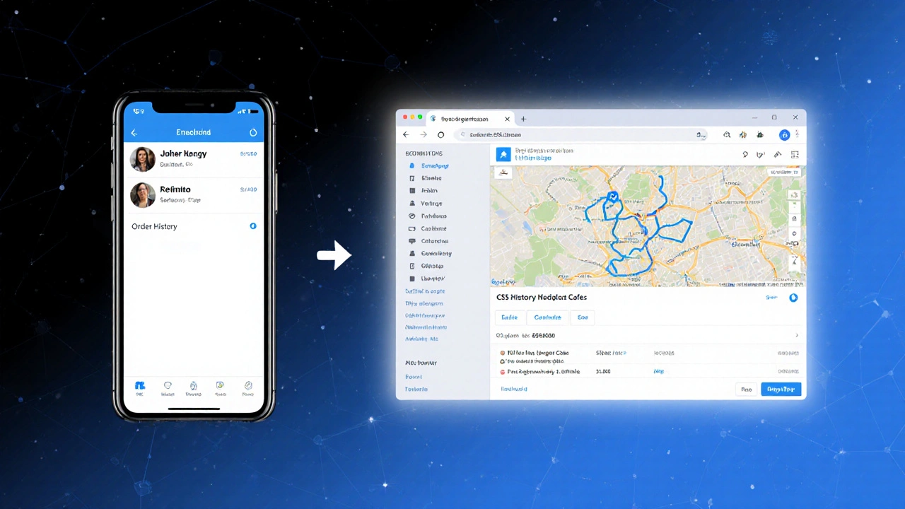 Адаптивный интерфейс Mini App: на маленьком экране — только кнопка заказа, на большом — карта, история и промокоды.