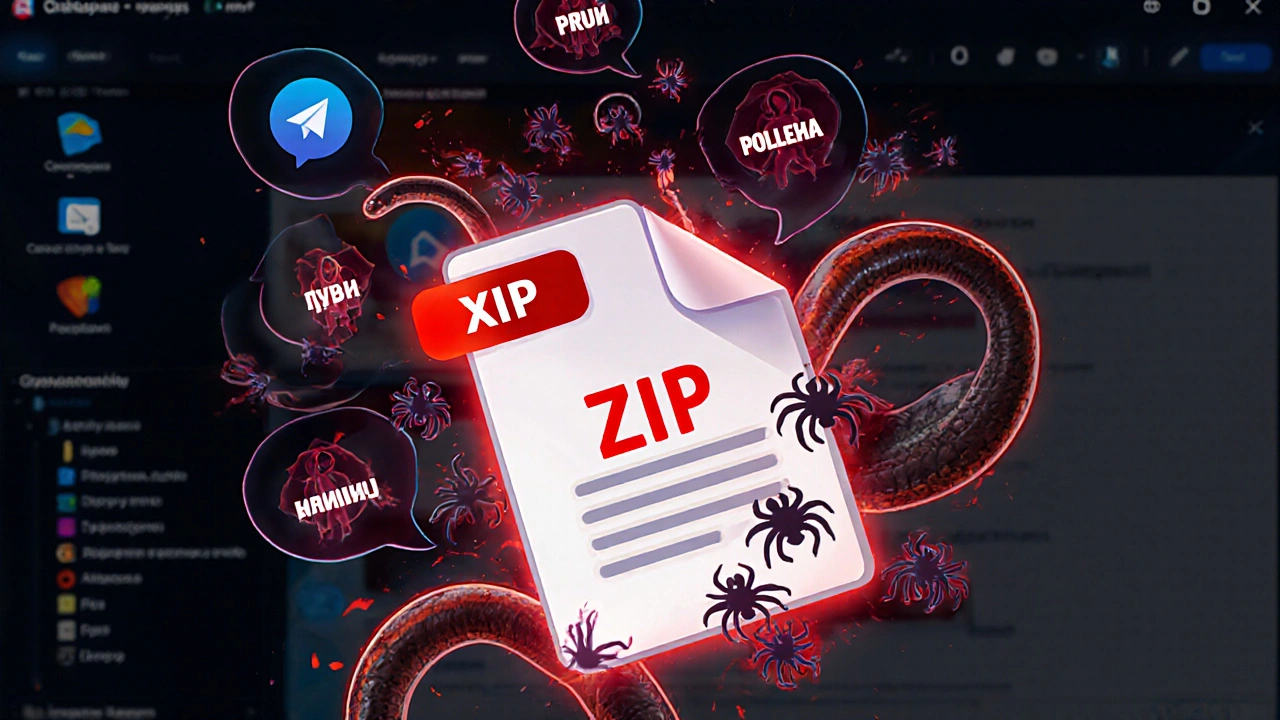 Архив ZIP превращается в цифровых вирусов, выходящих из него на фоне чатов Telegram.