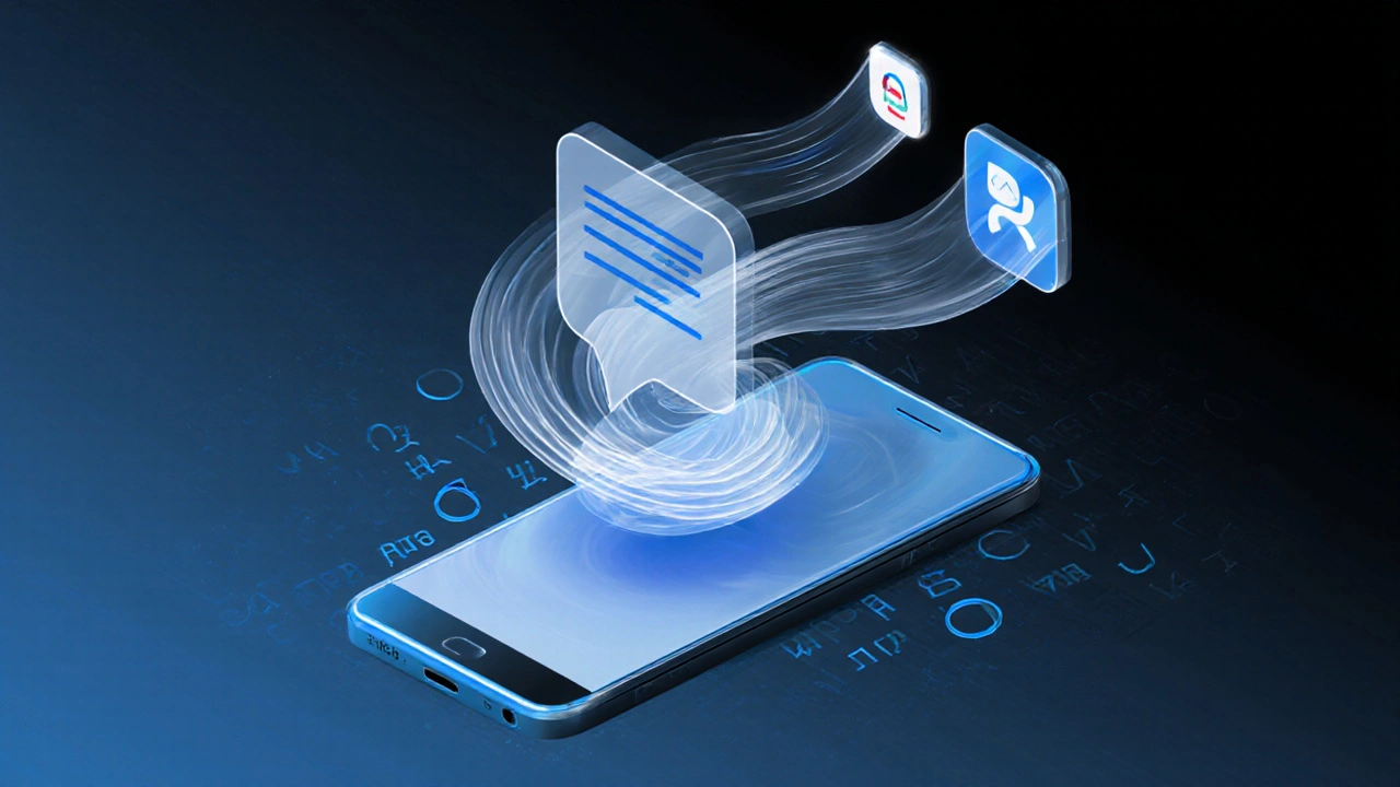 Аудиоволна превращается в текстовые буквы, над телефоном плавают значки сервисов транскрипции.