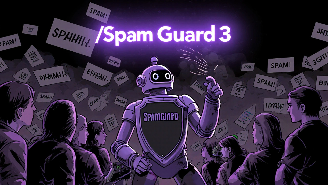 Бот-герой уничтожает спам-сообщения в стиле комикса, защищая сообщество пользователей.