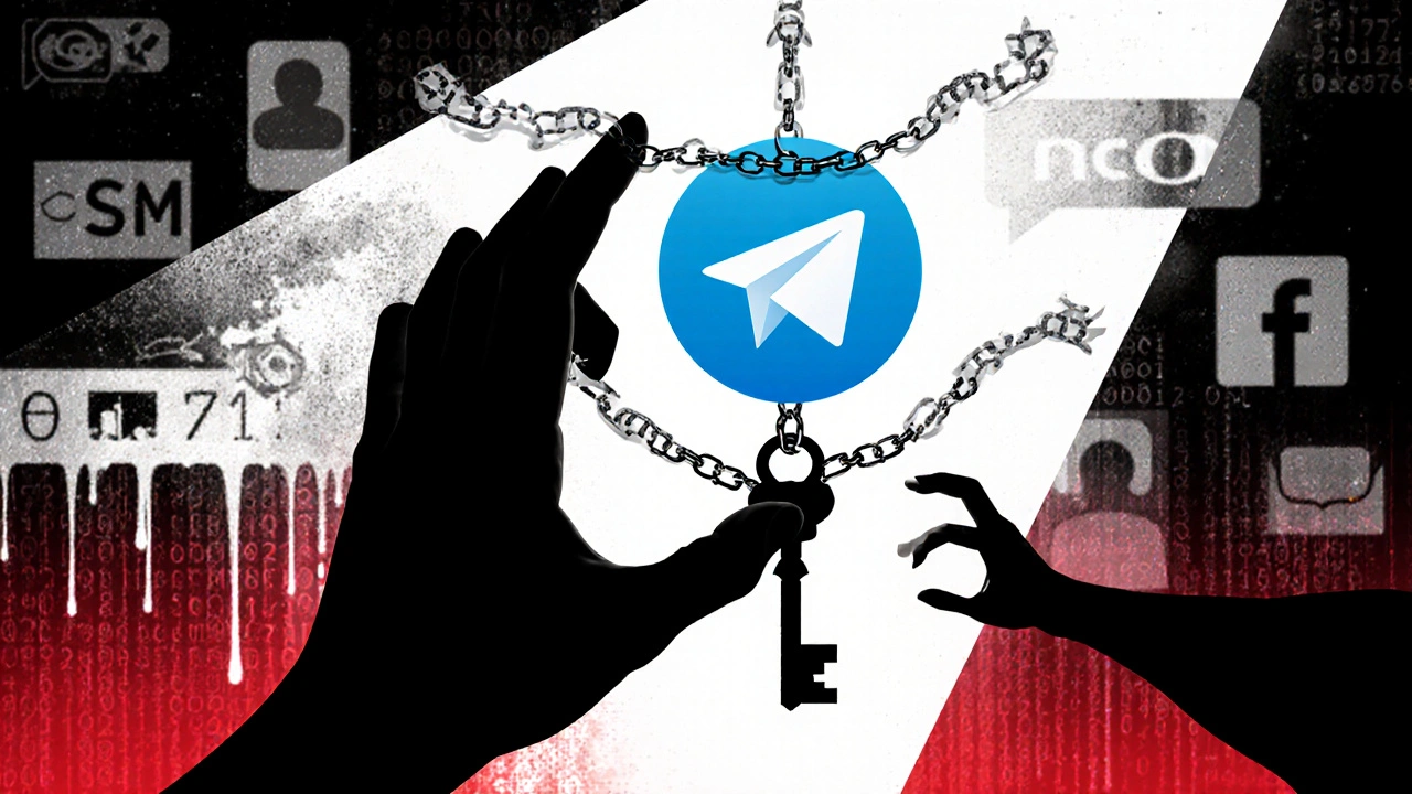 Человек держит логотип Telegram как ключ, но тень крадет его, а вокруг — утекшие данные из интернета.