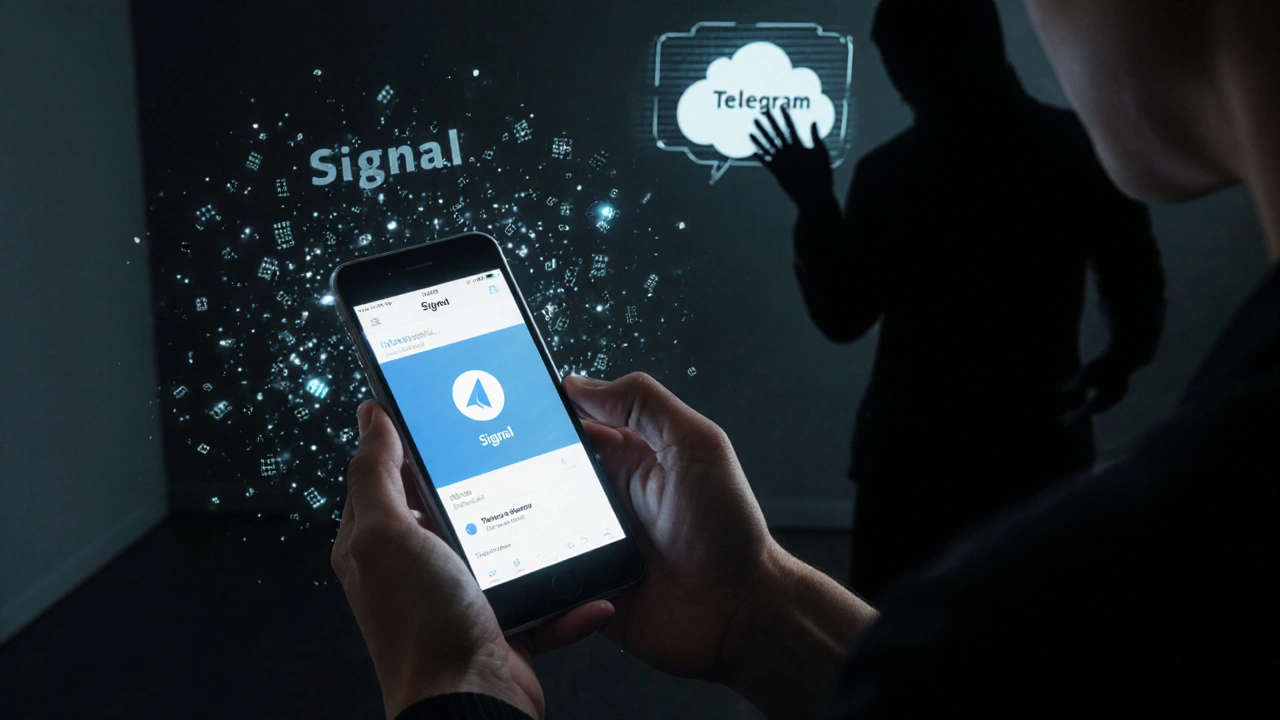 Человек использует Signal на телефоне, вокруг него — зашифрованные пакеты данных, за спиной — тень сервера Telegram.