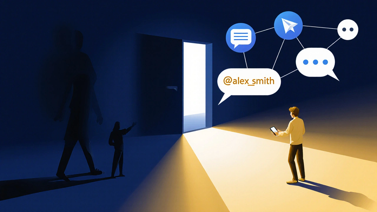 Человек переходит от анонимности к цифровому общению, по пути — светящийся username и чат-пузыри, символизирующие подключение.