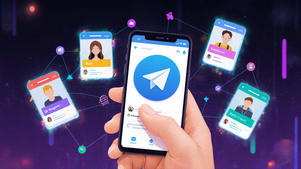 Человек переключается между четырьмя аккаунтами Telegram на одном устройстве, профили в воздухе.