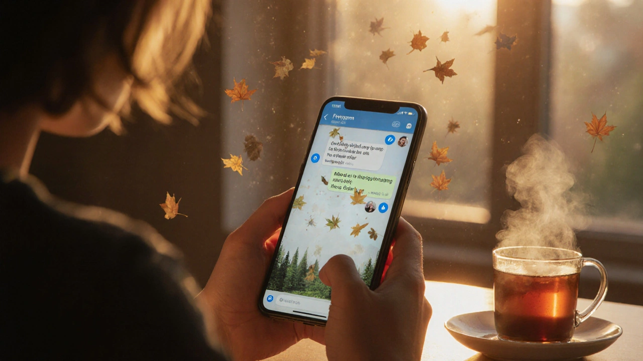 Человек с телефоном, на экране которого — динамический фон лесного тумана с падающими листьями.