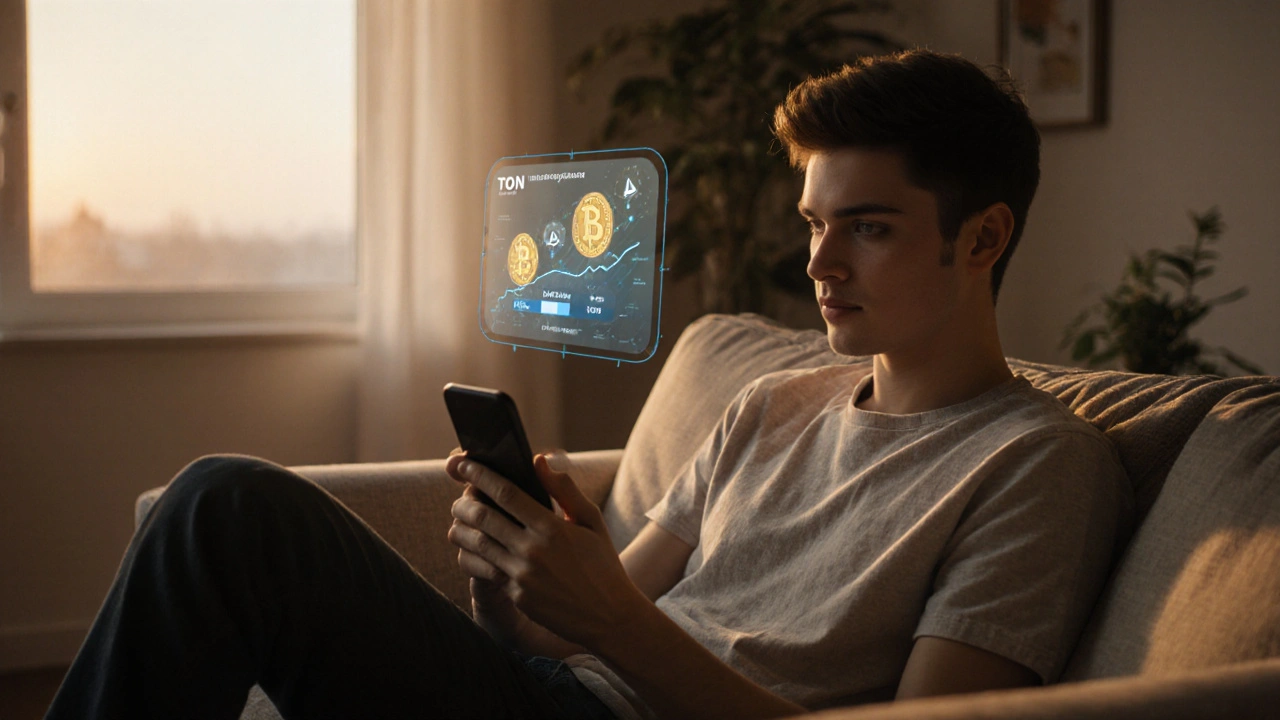 Человек смотрит на телефон в уютной обстановке, над ним — виртуальные начисления дохода от стейкинга TON.