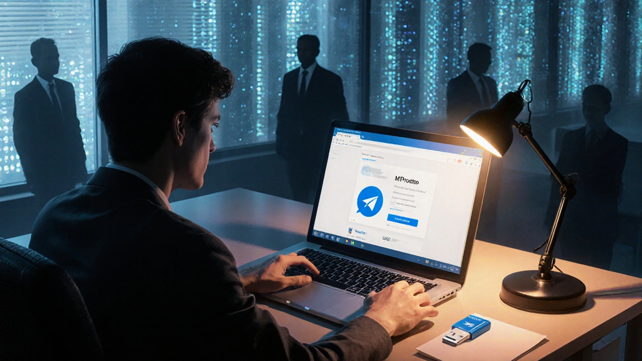 Человек в офисе с ноутбуком, на котором открыт Telegram, на фоне силуэтов сетевых фильтров.