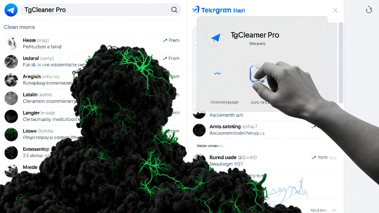 Черная плесень разрастается на интерфейсе Telegram, пока рука включает чистящий бот.